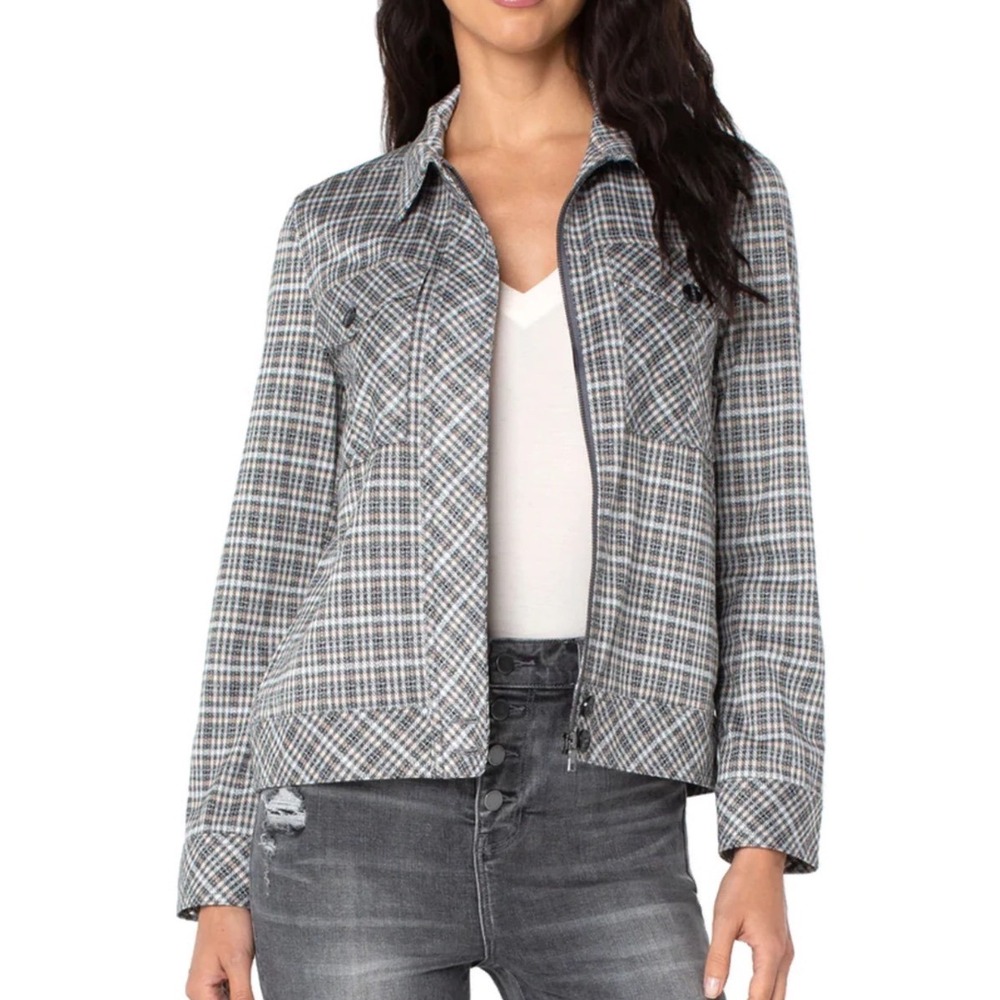 Liverpool Los Angeles Womens Plaid Zip Up Jacket Gray Tan Check Size‎ L